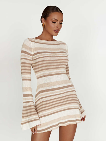 FZ Women's bell sleeves backless striped slim knitted dress - FZwear