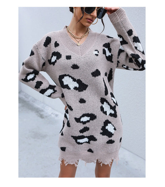 FZ Women's Knit Long Sleeve Leopard Sweater Dress