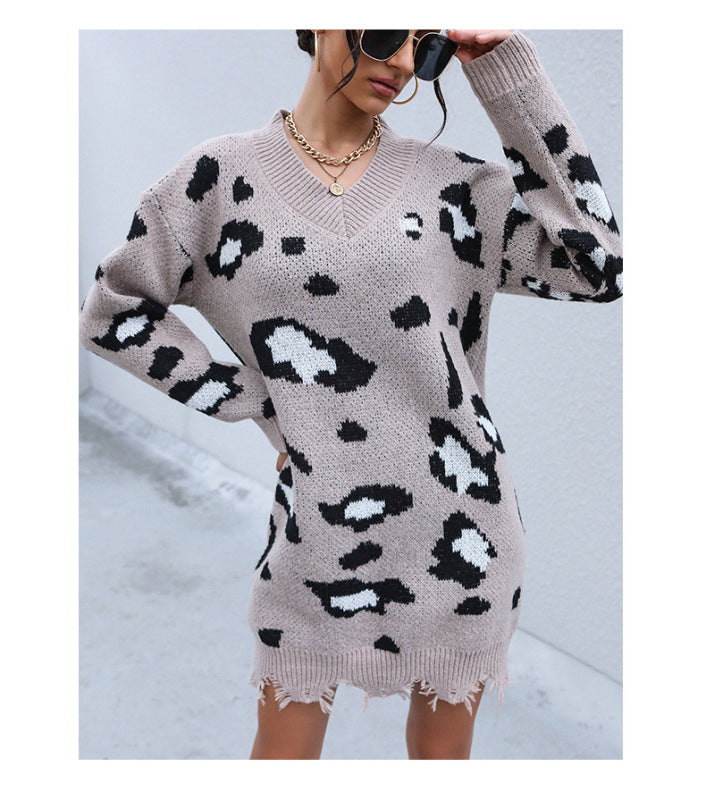 FZ Women's Knit Long Sleeve Leopard Sweater Dress - FZwear