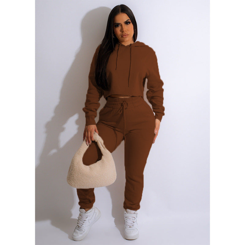 women's solid color casual hooded sweatshirt suits