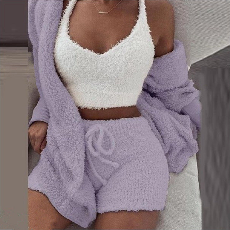 plush homewear casual 3-piece pajamas long sleeve navel vest shorts set