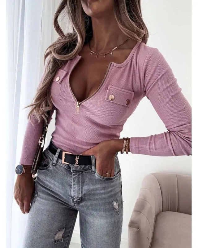 women'ssolid color slim fit long sleeve zip tops