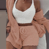 plush homewear casual 3-piece pajamas long sleeve navel vest shorts set