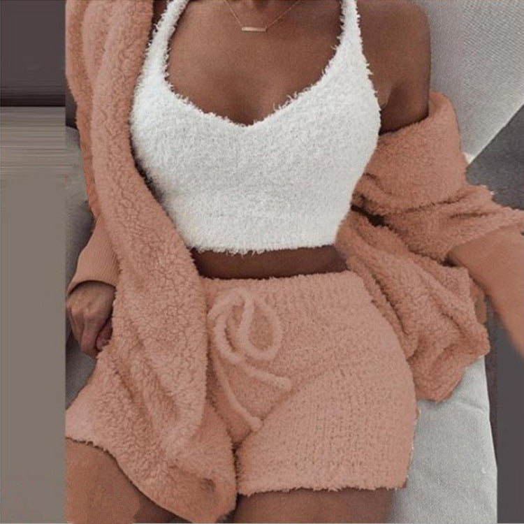 plush homewear casual 3-piece pajamas long sleeve navel vest shorts set