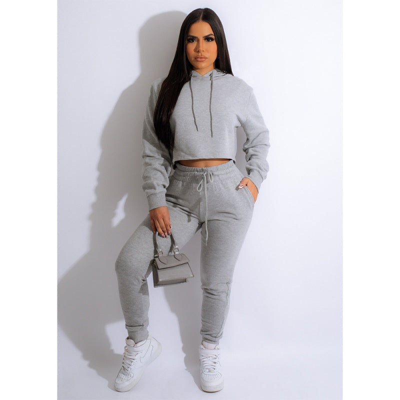 women's solid color casual hooded sweatshirt suits