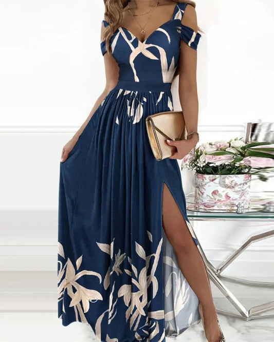 women's long dress printed v-neck temperament sleeveless sexy slit dress