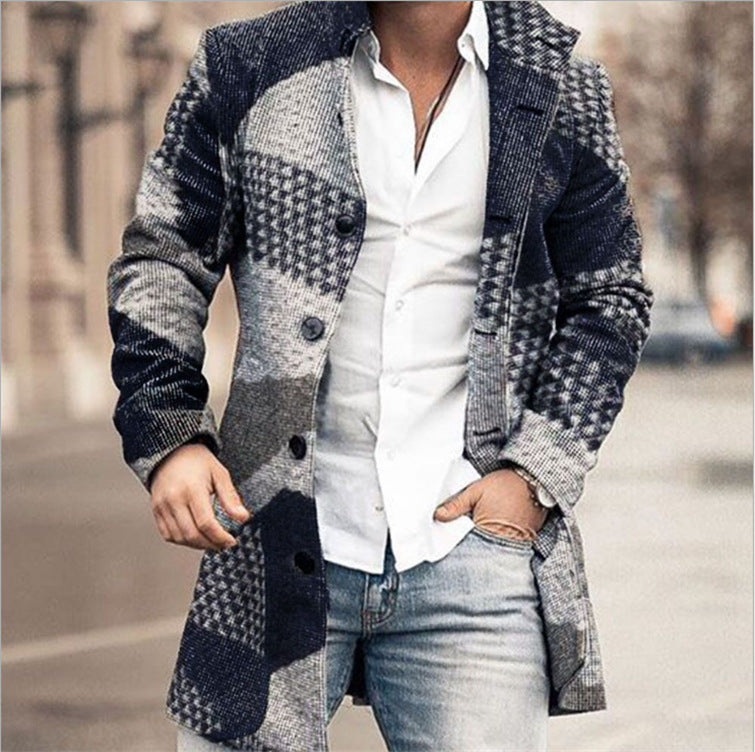 new men's woolen stand collar mid-length pocket casual coat
