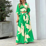 printed v-neck lantern sleeve short shirt high waist wide-leg pants two-piece set