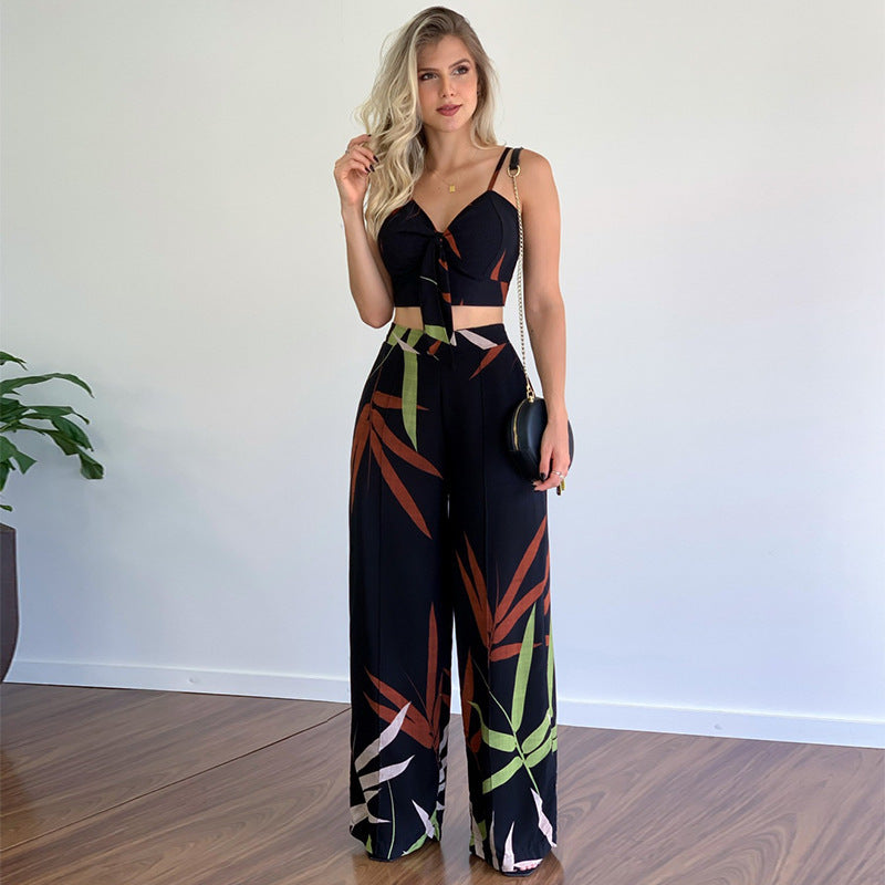 linen-like casual suit v-neck high-waist printed wide-leg pants two-piece set