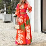 printed v-neck lantern sleeve short shirt high waist wide-leg pants two-piece set