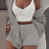 plush homewear casual 3-piece pajamas long sleeve navel vest shorts set