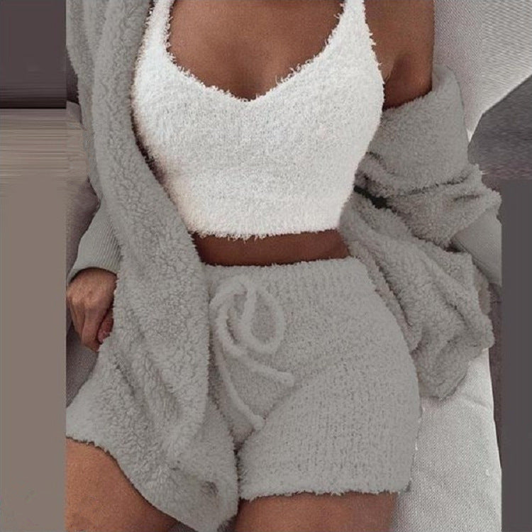 plush homewear casual 3-piece pajamas long sleeve navel vest shorts set